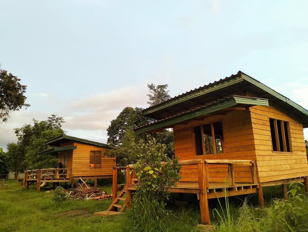 Rustic wooden family bungalow with private bathroom surrounded by tropical gardens and mountain views